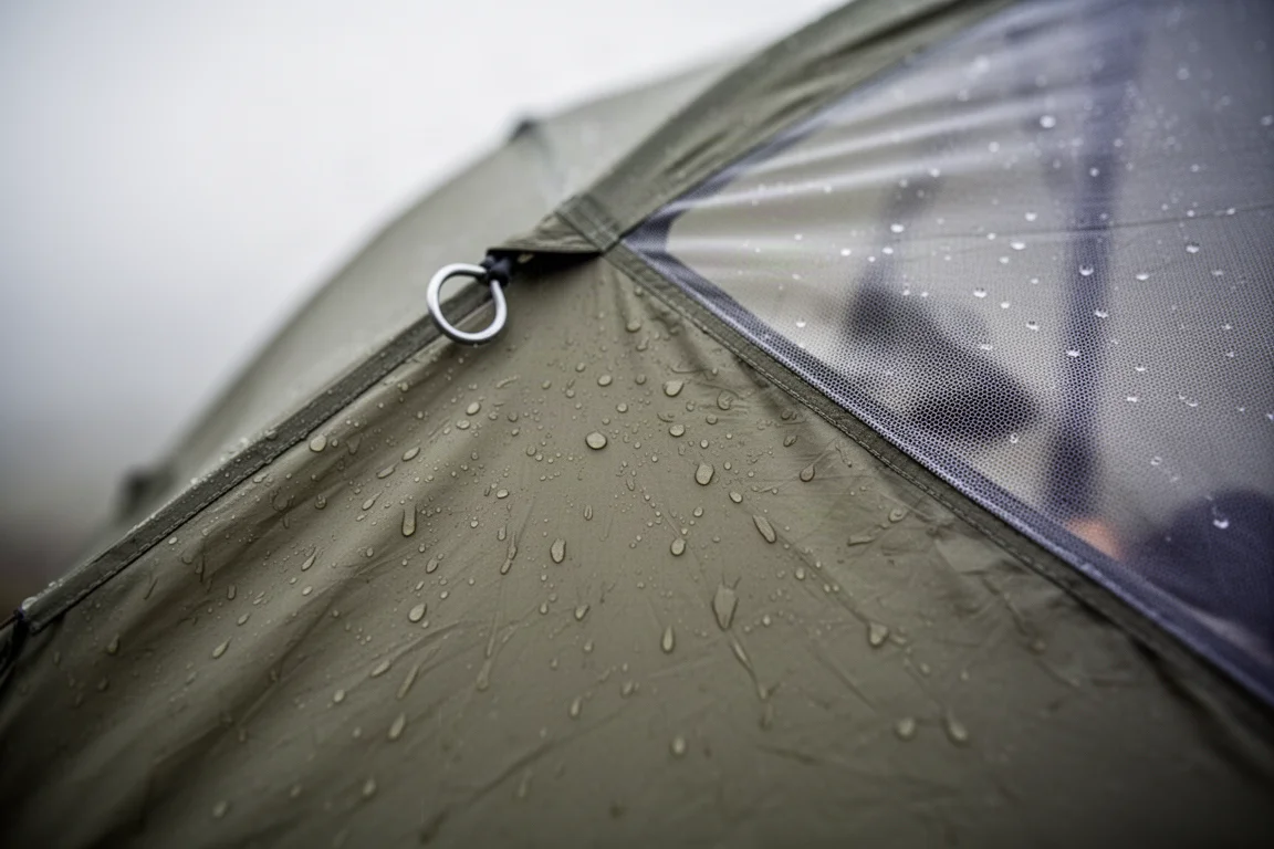Regentropfen perlen auf dem Stoff eines Ultralight-Bivy-Sacks mit Mesh-Kopfteil ab