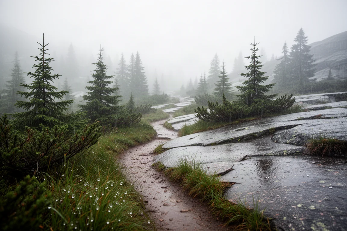 Regennasser Alpenpfad durch niedrige Nadelbäume mit Nebel und feuchten Granitplatten