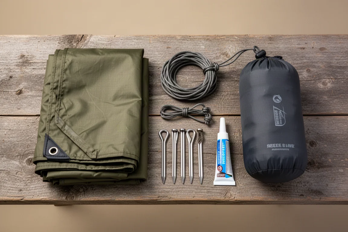 Draufsicht auf ein Ultralight-Shelter-Kit mit Tarp, Kordel, Heringen, Bivy und Nahtdichter