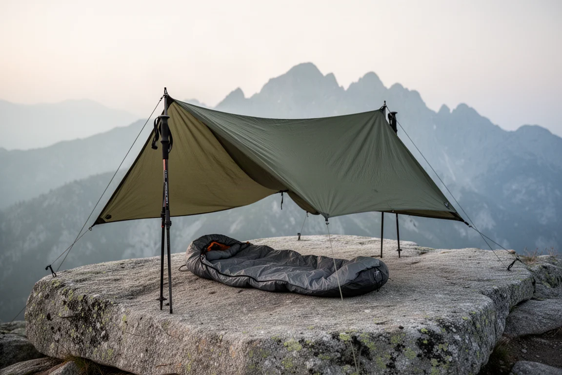 Low-pitched ultralight poncho tarp shelter over a granite slab with a bivy sack beneath it