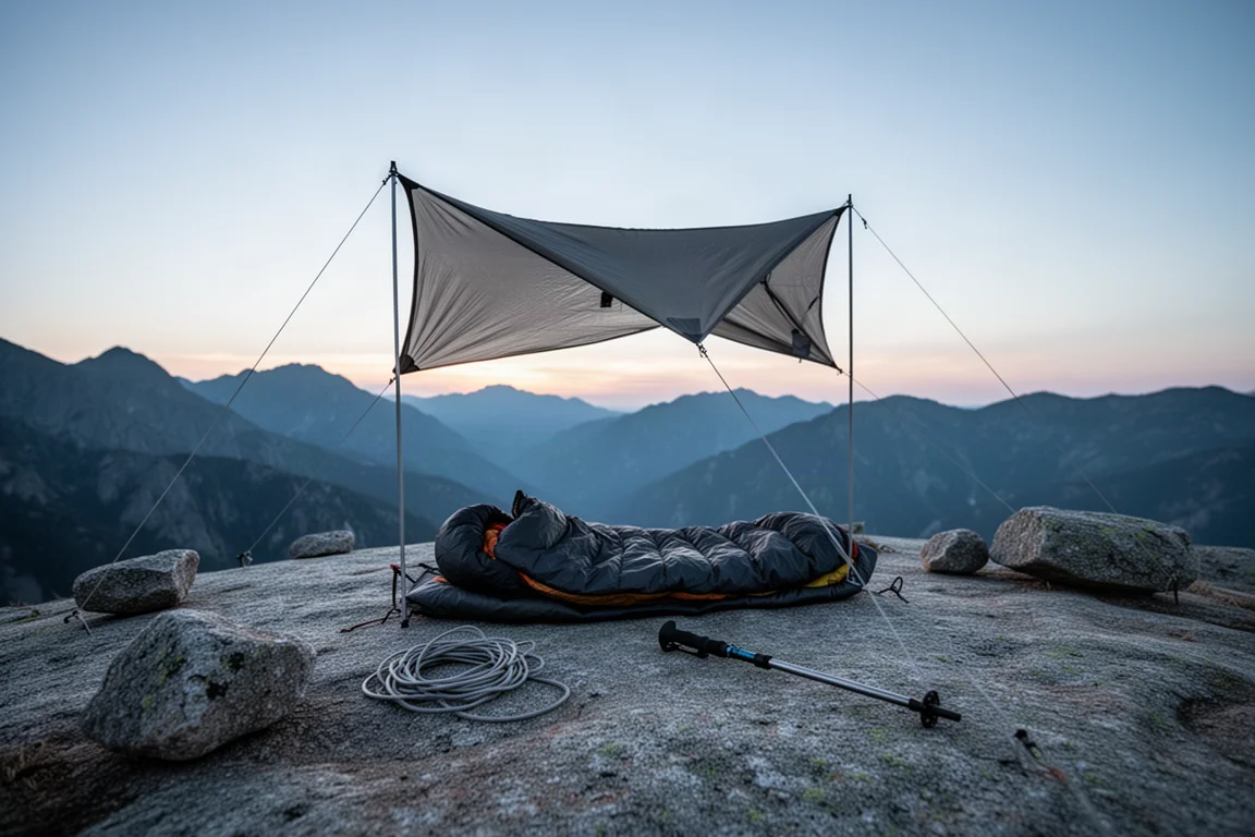 黃昏時分的極簡 ultralight 營地,小 tarp 高高搭在睡眠區上方