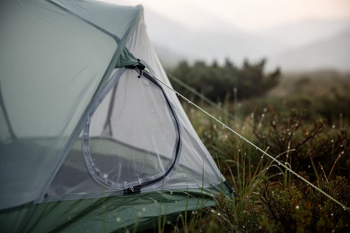 清晨時分細網 bivy 布面的特寫,背景是沾滿露水的草地