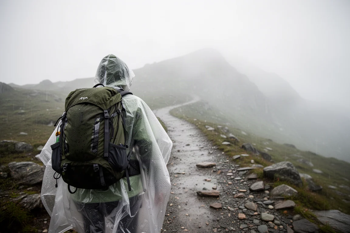 霧氣瀰漫、雨水濕透的高山步道上,輕量 poncho 罩在背包外穿著