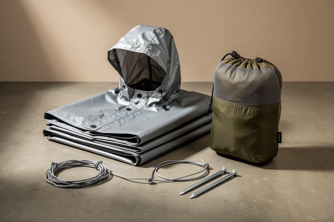 Folded poncho tarp and mesh bivy sack with guy line and stakes on concrete
