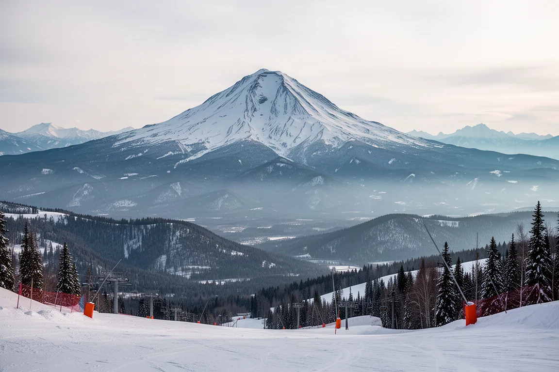 Mount Shasta 火山高聳於滑雪場森林地形之上的全景