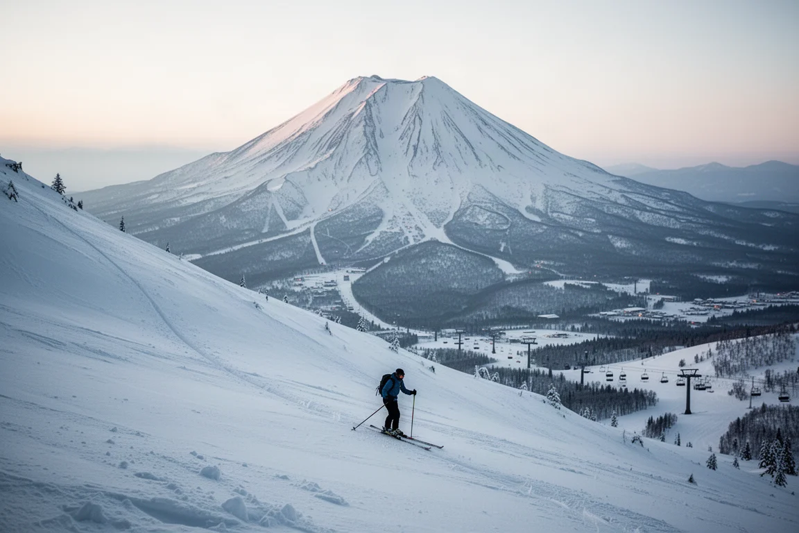 後山滑雪者在滑雪場上方的巨大火山側坡上登山皮膚上行
