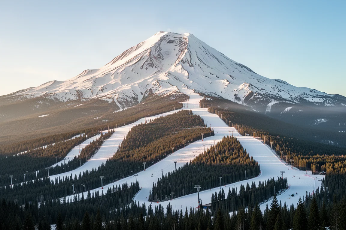 Ski slopes on the south flank of a massive snow-capped volcano in morning light