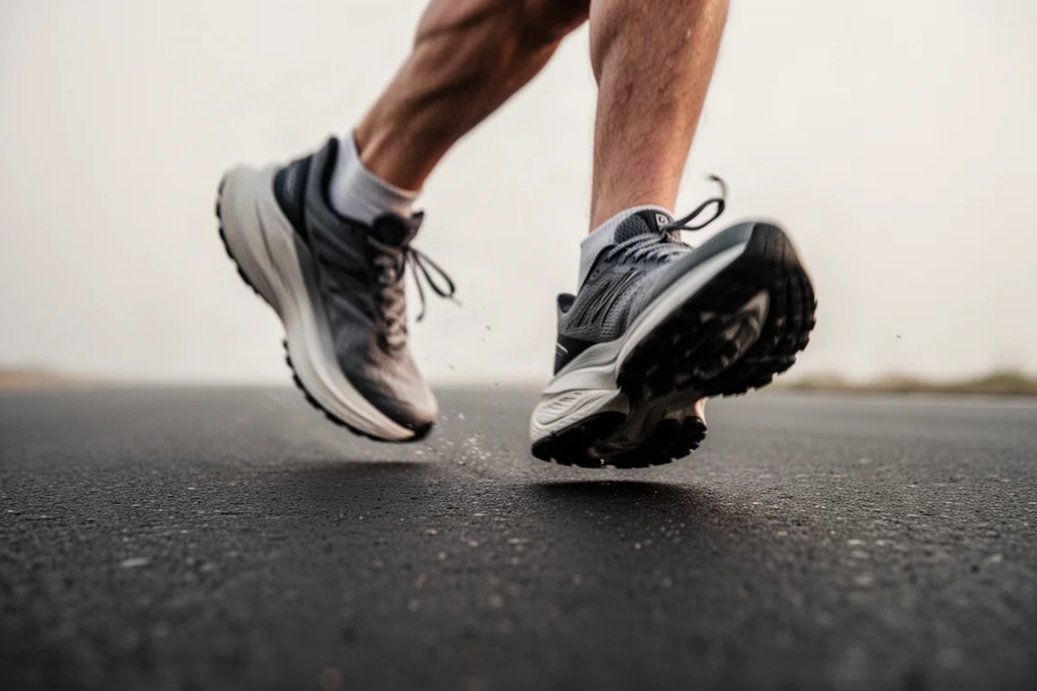 Dettaglio della tomaia di una scarpa da running con due zone di lacciatura indipendenti