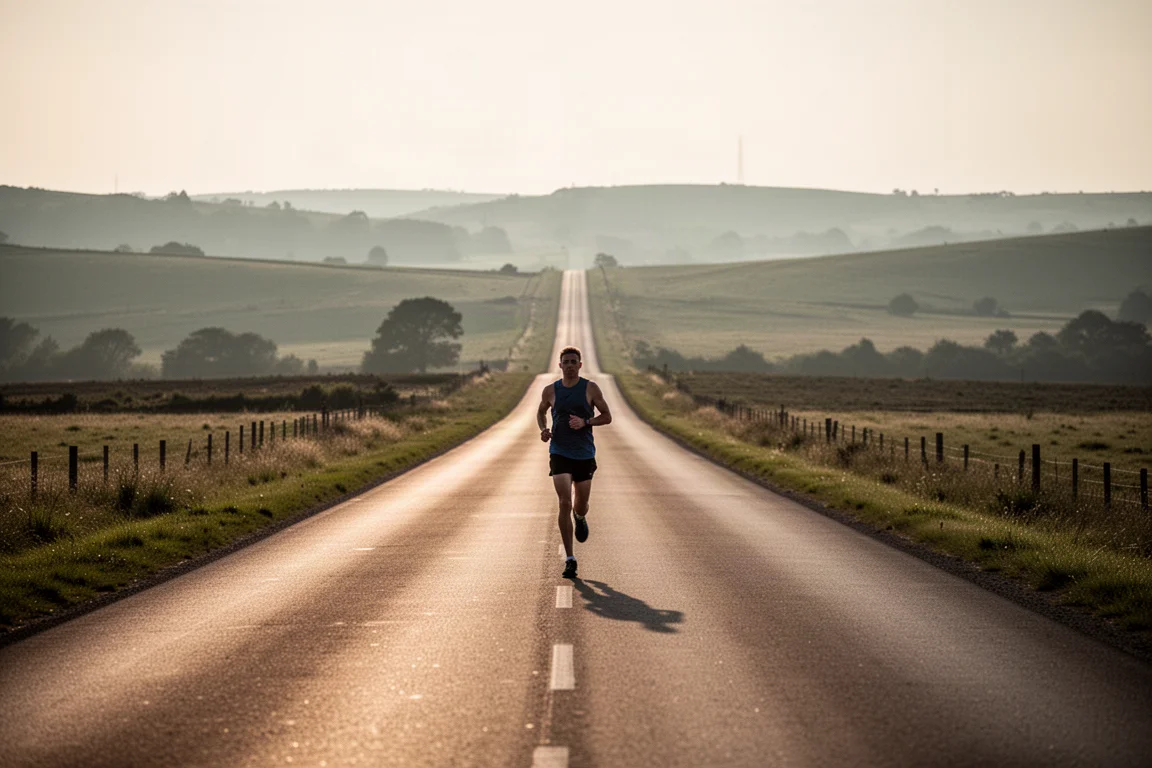 Runner che percorre chilometri su strada in una via cittadina aperta all'alba