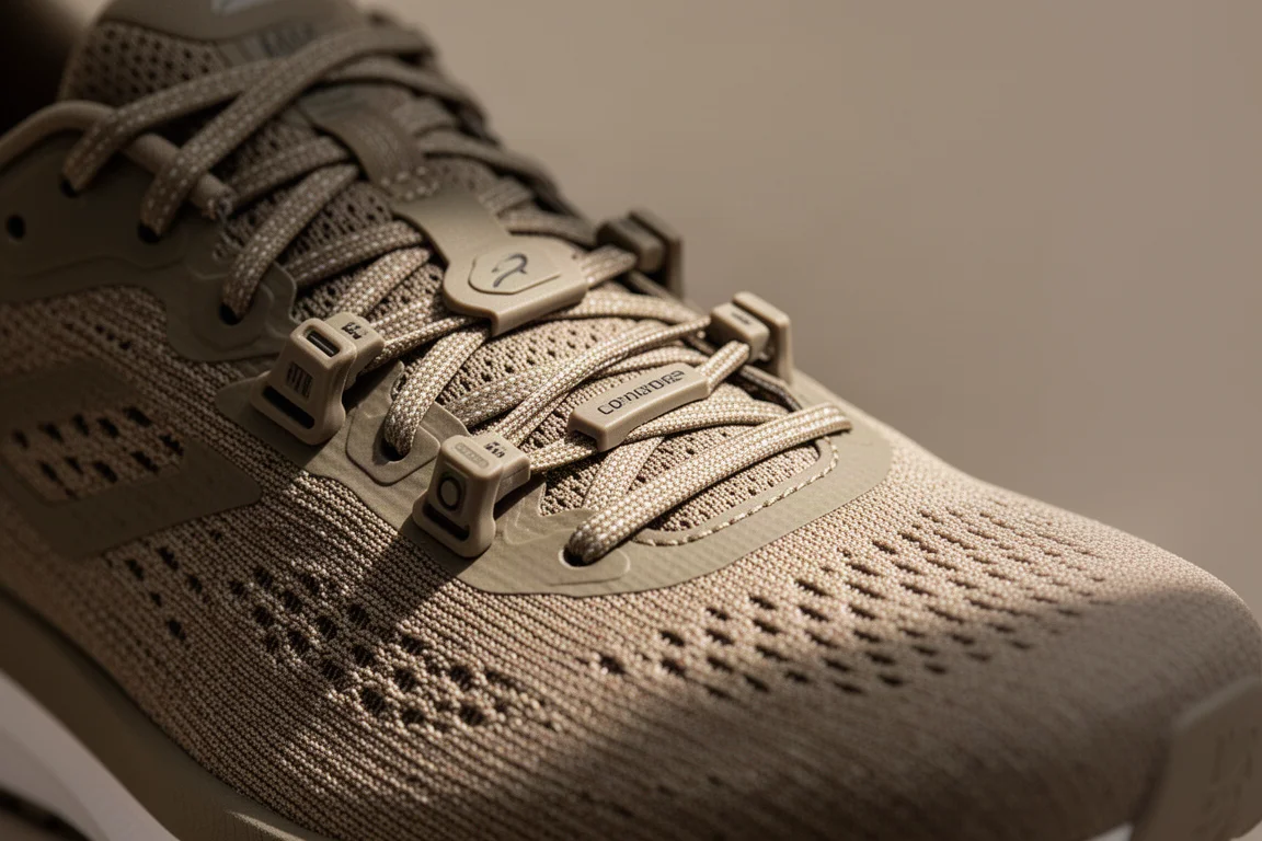 Primo piano del sistema di allacciatura doppia di una scarpa da running su una superficie neutra