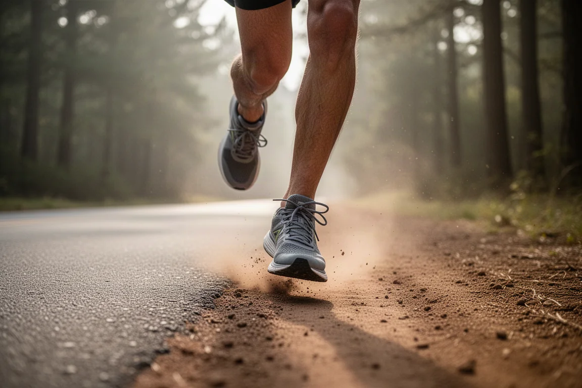 Piedi di un corridore su un sentiero di transizione tra asfalto e sterrato