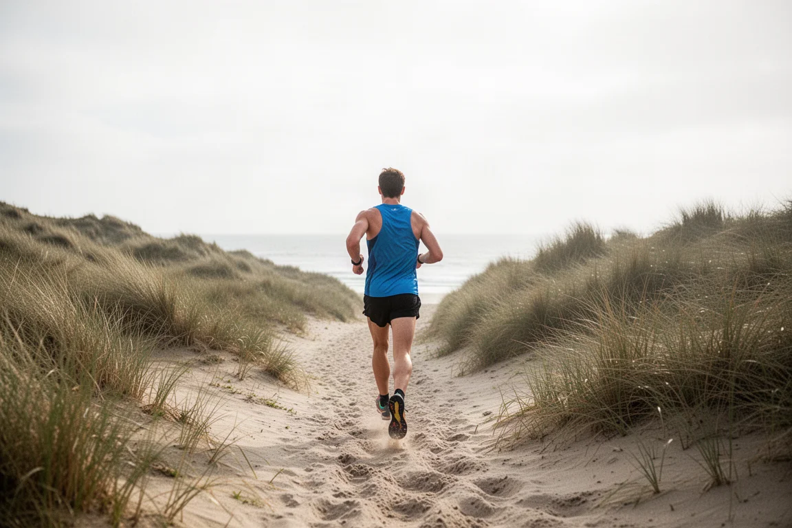 Trailrunner bewegt sich bei weichem Morgenlicht auf einem sandigen Küstenpfad