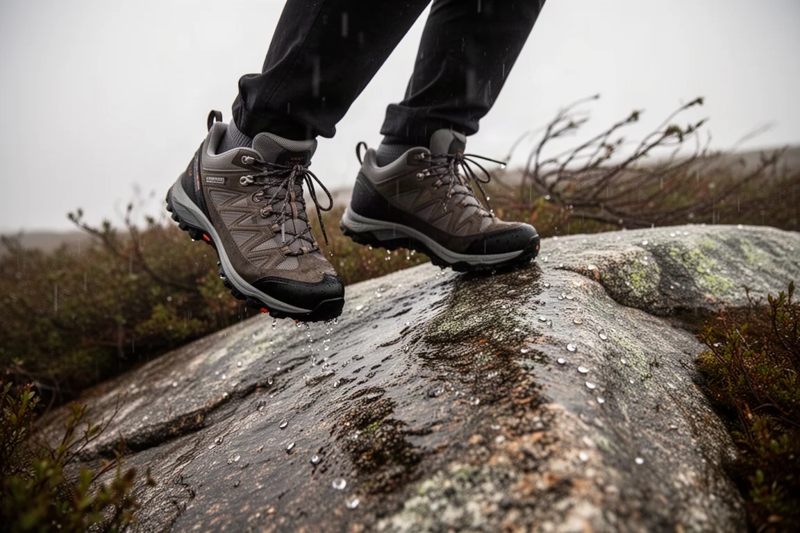 Vandrare som klättrar över blöt, halt sten i regn och höga bergsvindar
