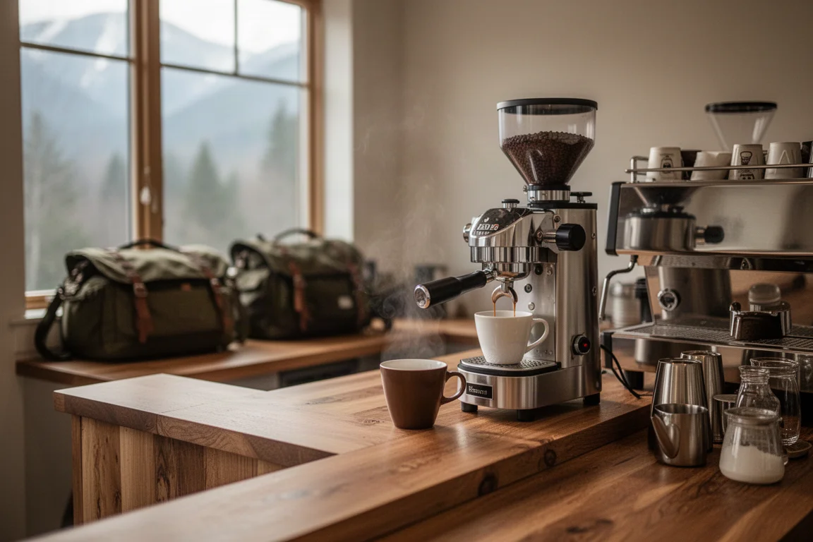 Disk i ett specialkaffeställe med färskt brygg och småstadsbergsatmosfär