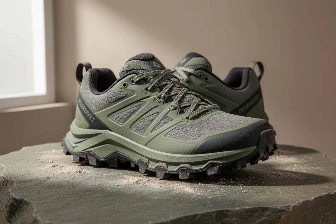 Mount to Coast M1 trail shoe on a stone surface with light mountain dust