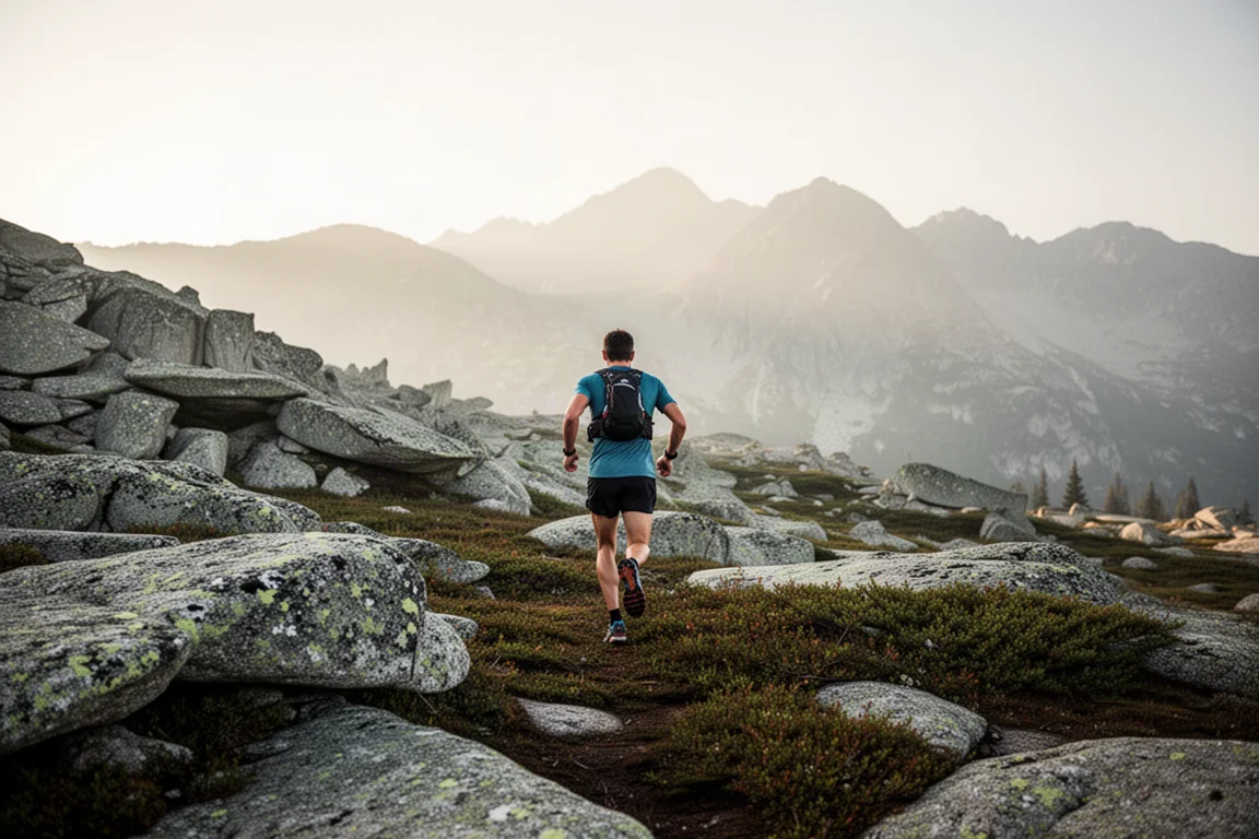 Trail runner su terreno montano roccioso nella luce soffusa del mattino