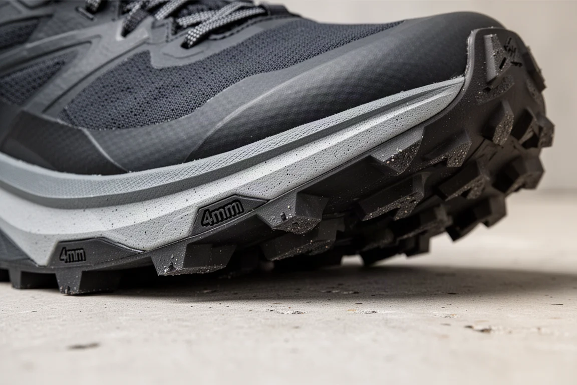 Primo piano dell'intersuola di una scarpa da trail che mostra ammortizzazione e tasselli della suola