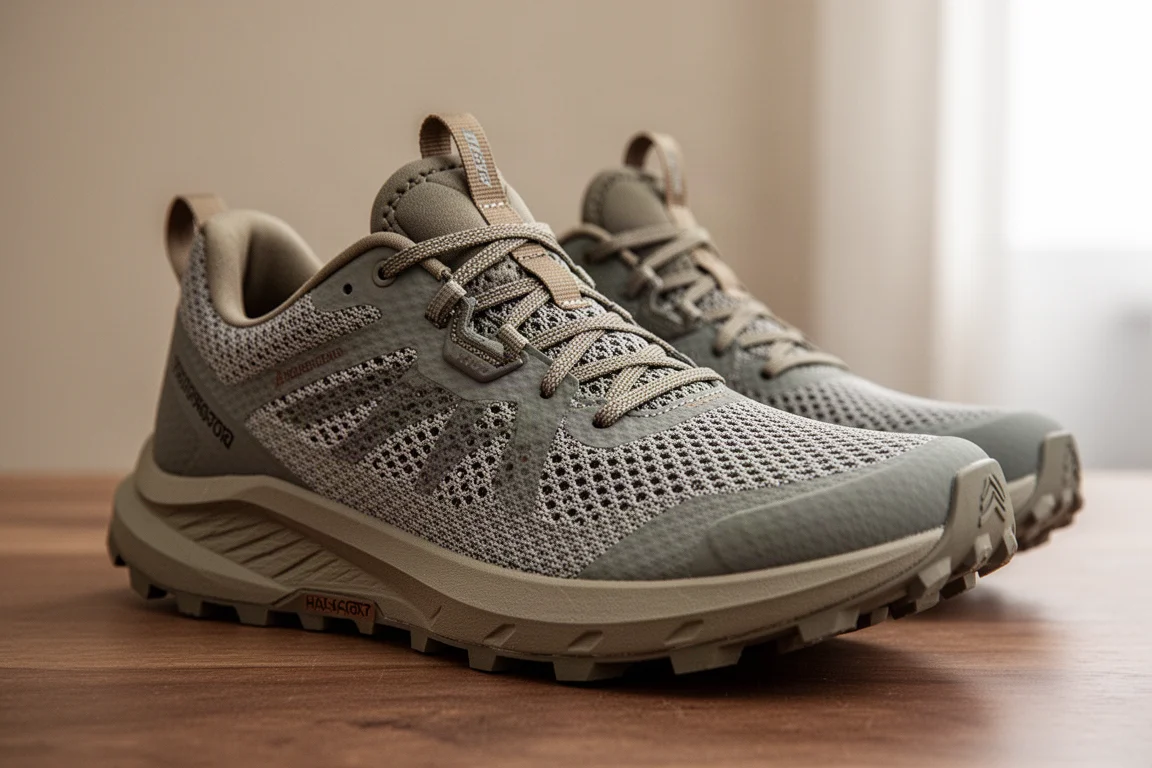 Tomaia in mesh ingegnerizzato di una scarpa da trail con sistema di allacciamento a due zone