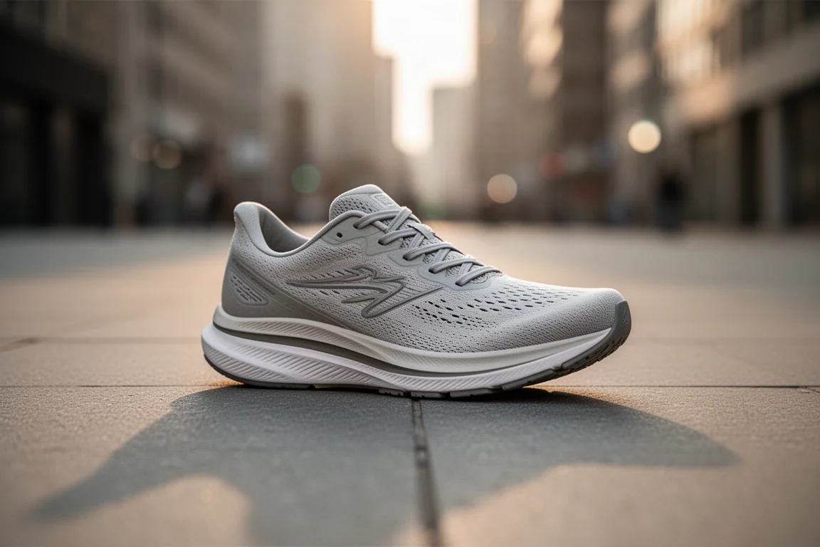 Scarpa da running su un marciapiede cittadino tranquillo nella morbida luce del mattino