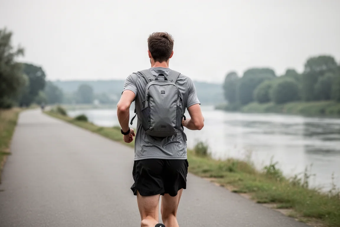 Runner con uno zaino in spalla mentre corre lungo un sentiero pianeggiante asfaltato