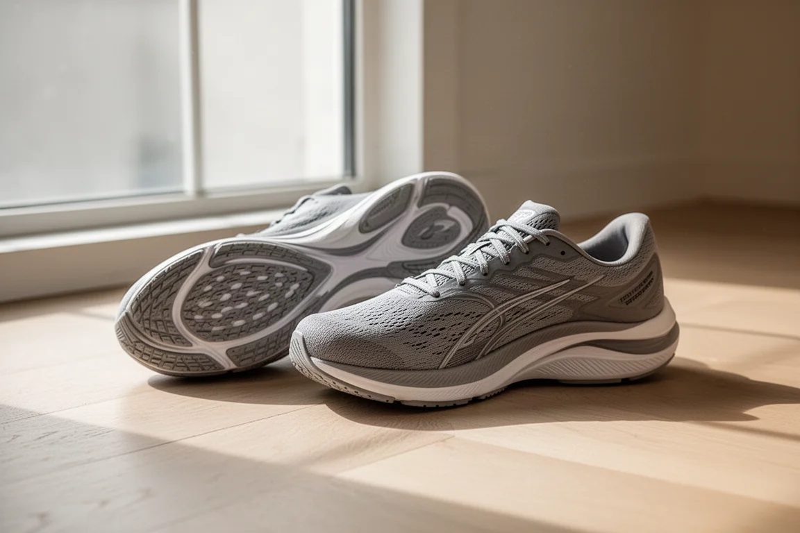 Coppia di scarpe da running affiancate su un pavimento in legno con luce naturale dalla finestra