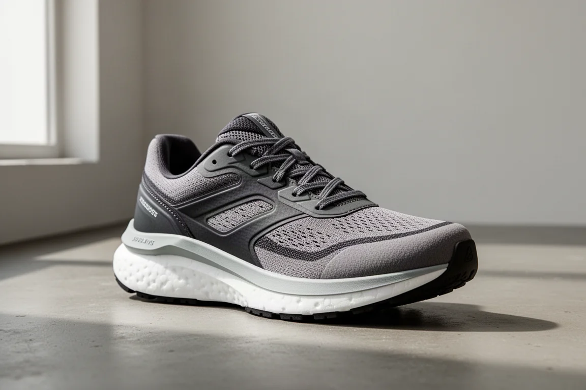 Mount to Coast R1 road running shoe in three-quarter view on matte concrete