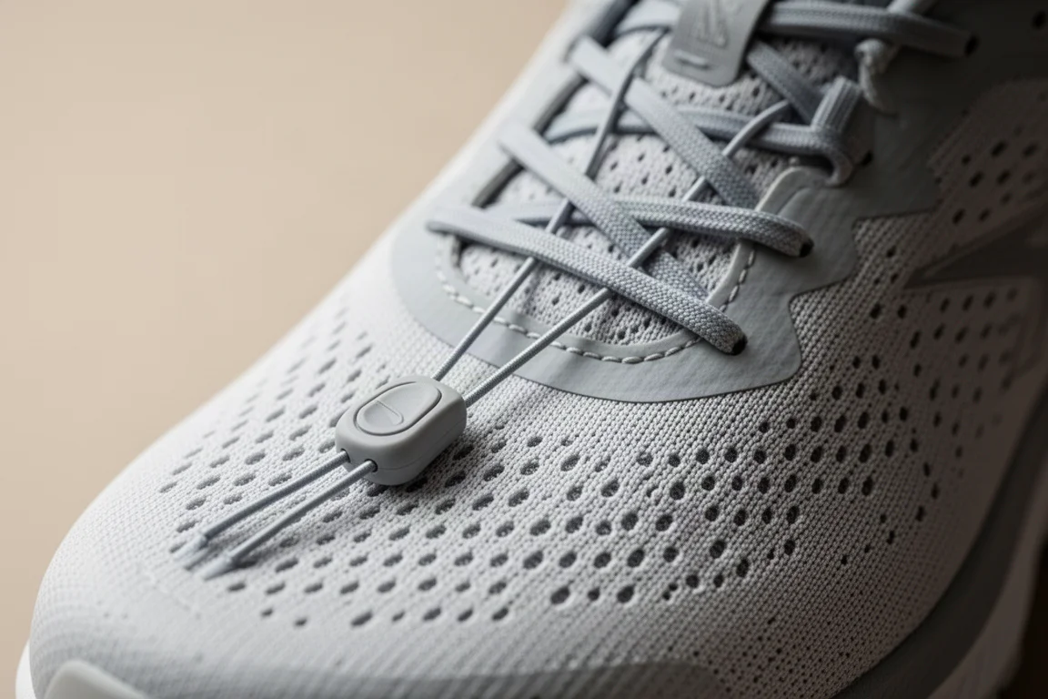 Primo piano del sistema di allacciamento doppio sul davanti di una scarpa da running