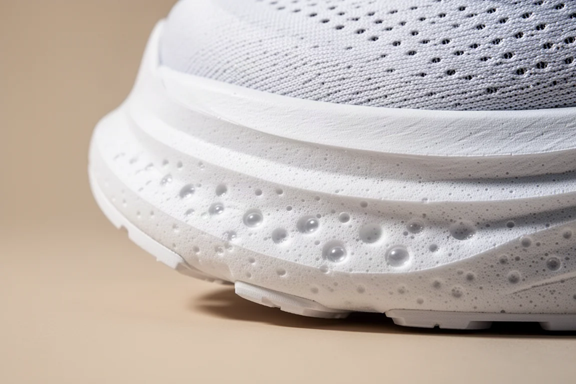 Primo piano della schiuma spessa bianca della midsole di una scarpa da running