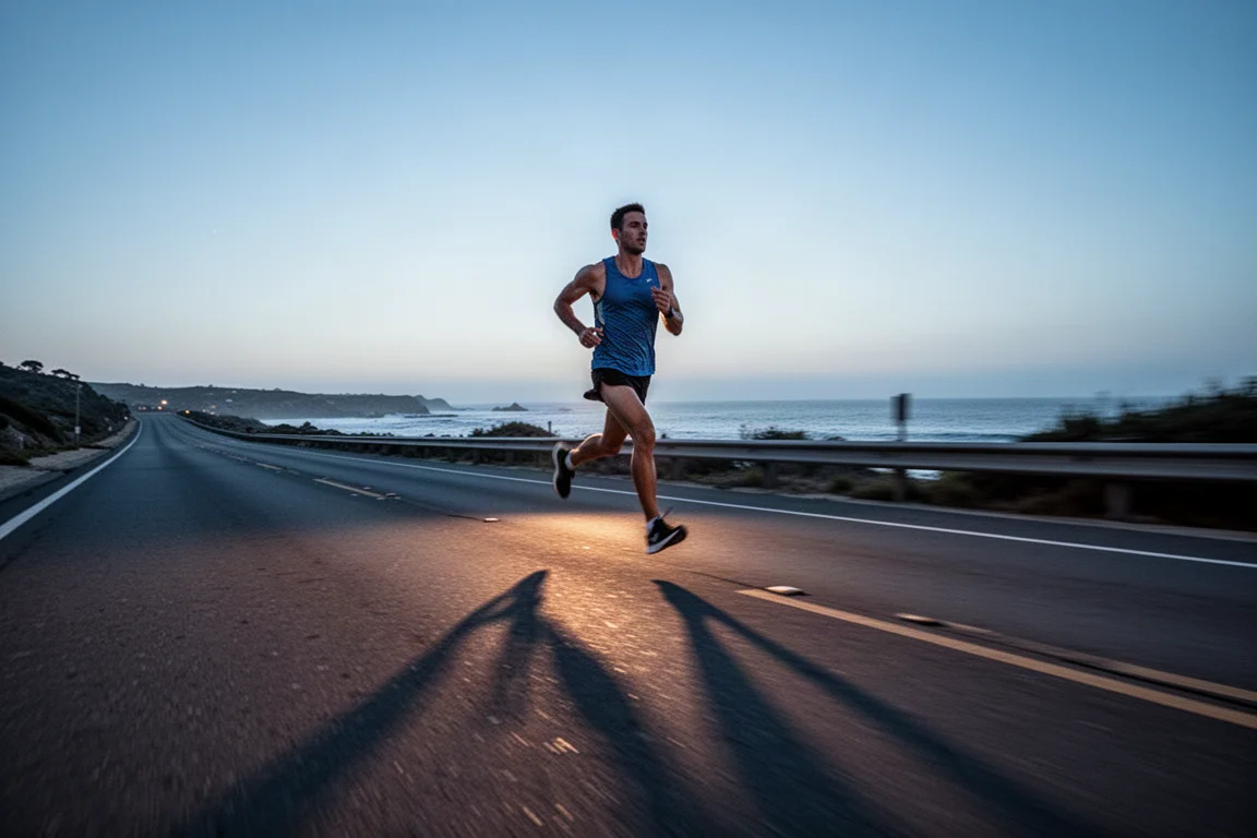 Corridore che entra in un ritmo costoso e costante su strada al tramonto