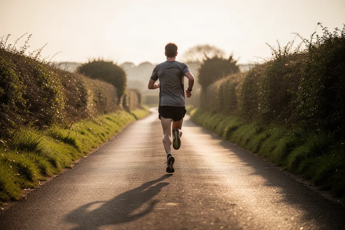 Läufer bewegt sich auf einem sonnenbeschienenen Landweg in einem gleichmäßigen Trainingslauf