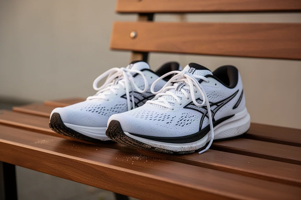 Paar weiß-schwarzer Laufschuhe auf einer Holzbank nach dem Lauf