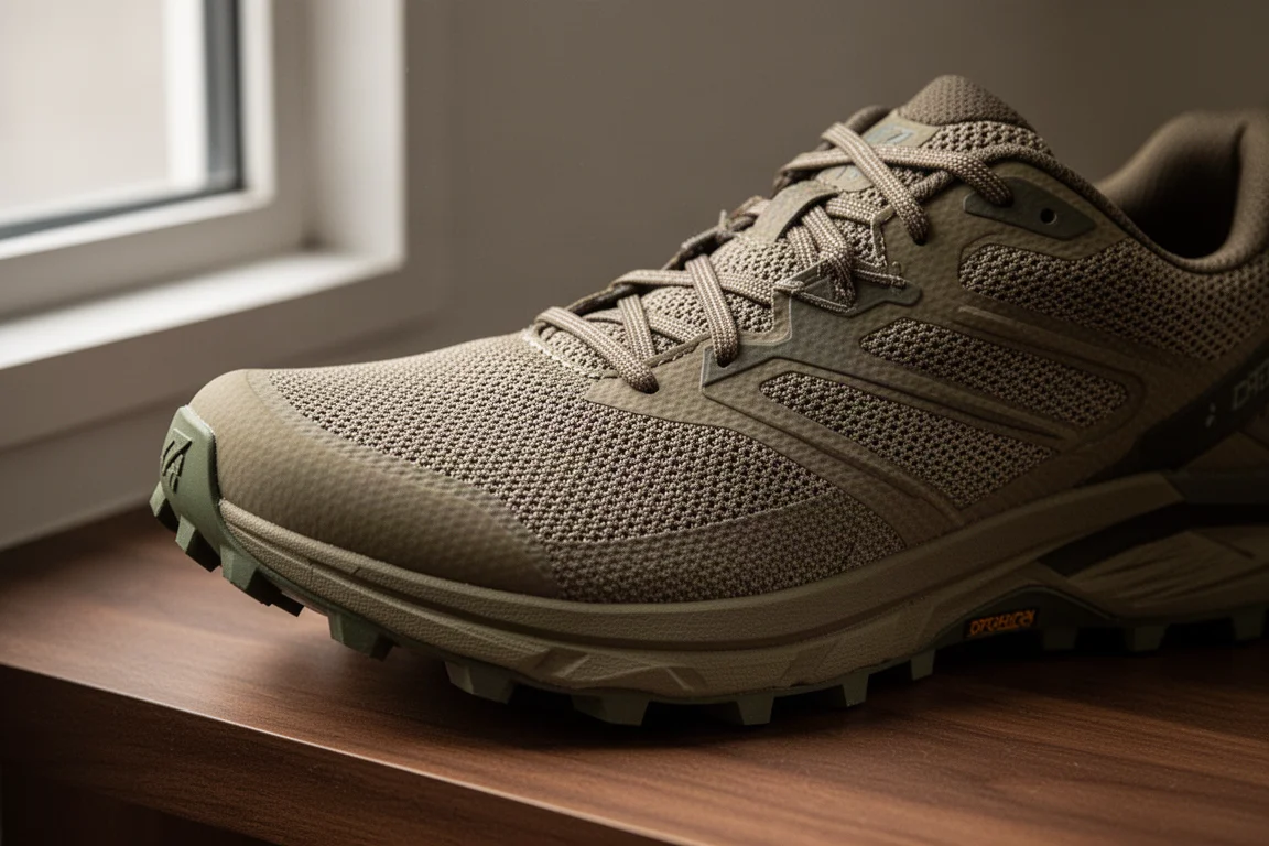 Scarpa da trail running su una superficie in legno con il tomaio intrecciato a fuoco