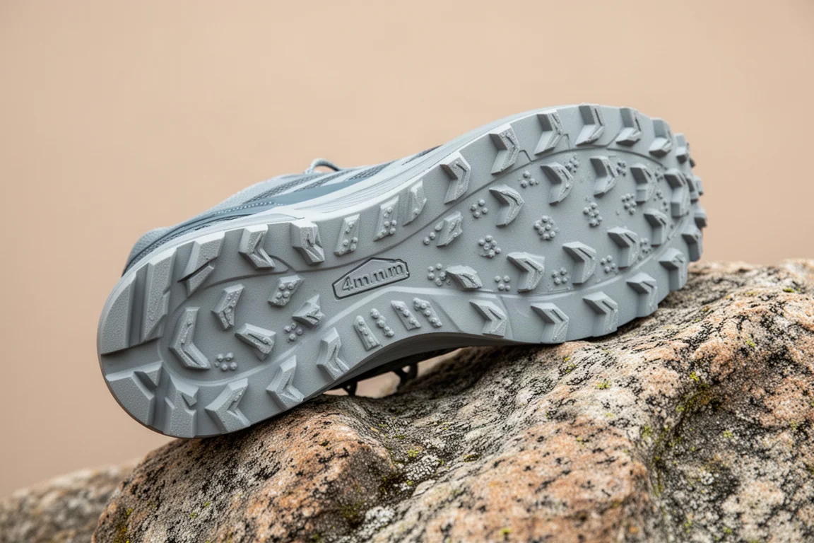 Primo piano della suola tassellata di una scarpa trail che aderisce alla roccia sconnessa