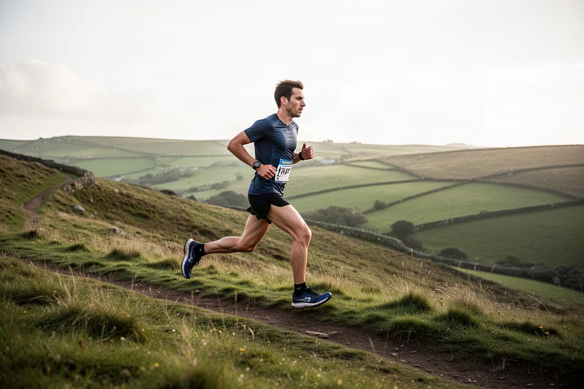 Trail runner che sale su un sentiero erboso sotto un cielo luminoso