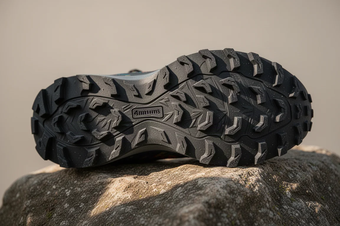 Außensohle eines Trail-Schuhs mit 4mm Stollen auf trockenem Kiesboden