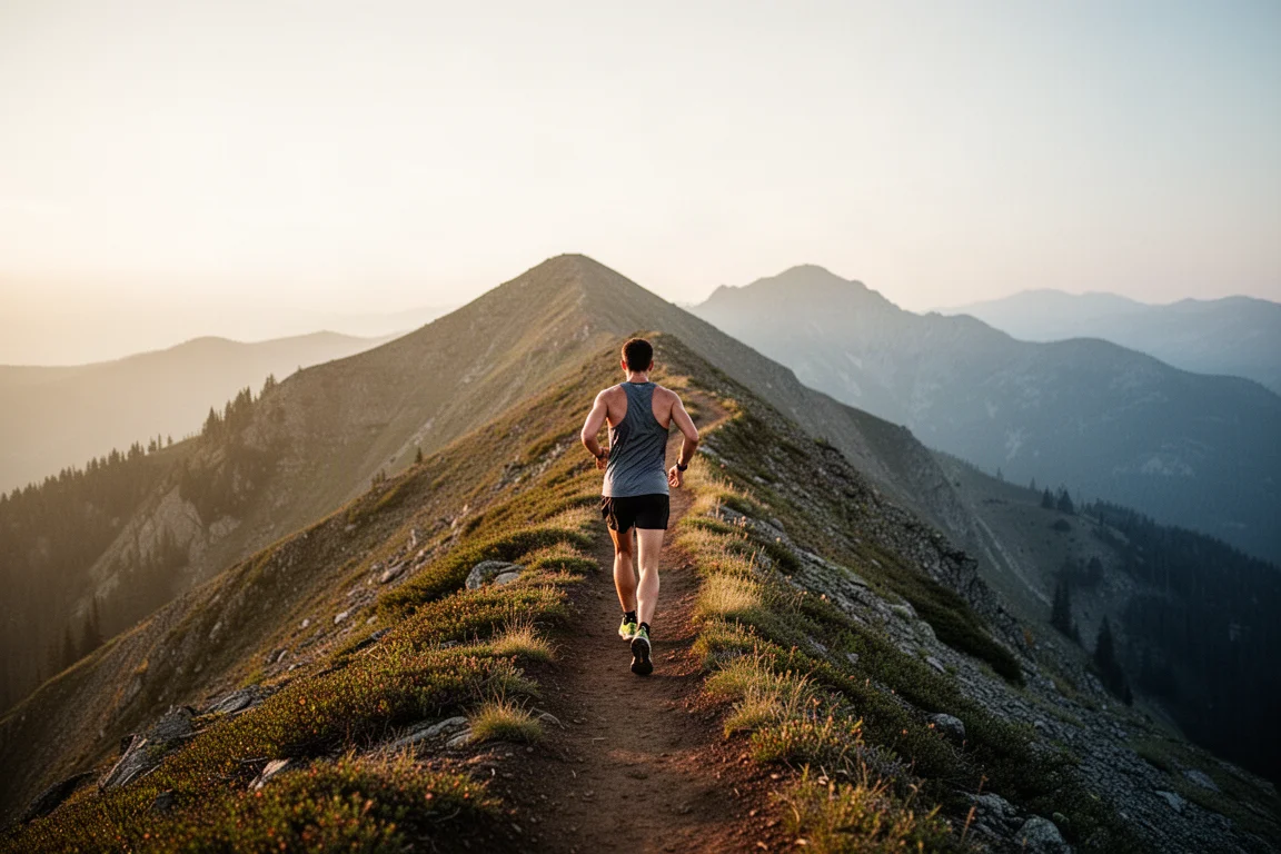 Trail-Läufer klettert über eine steile technische Passage zwischen Felsen