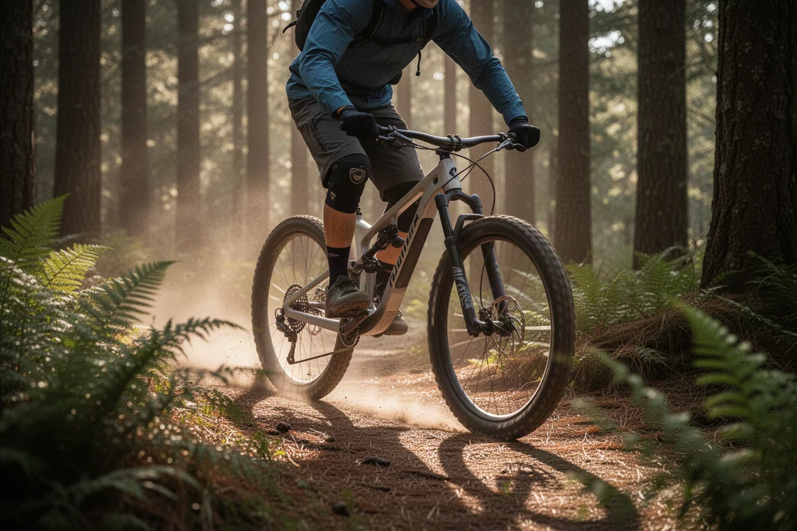 Mountainbike lutad mot ett granitblock vid en dimmig ledstart i skogen