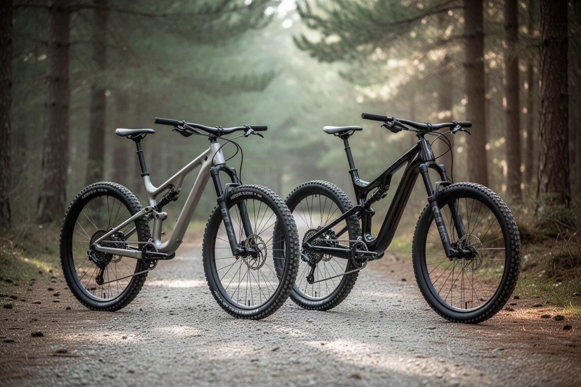 Deux VTT tout suspendus, l'un en carbone et l'autre en alliage, côte à côte au départ d'un sentier