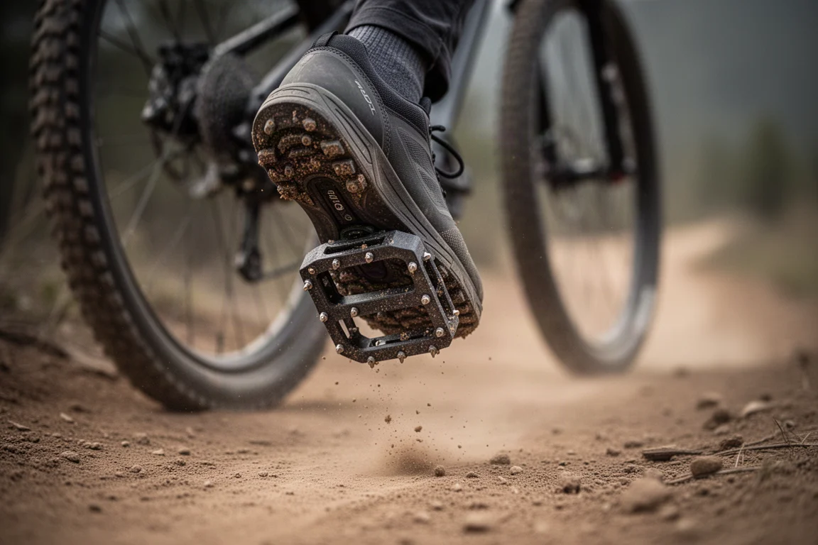 Détail d'une pédale automatique VTT et d'une chaussure sur un sentier poussiéreux