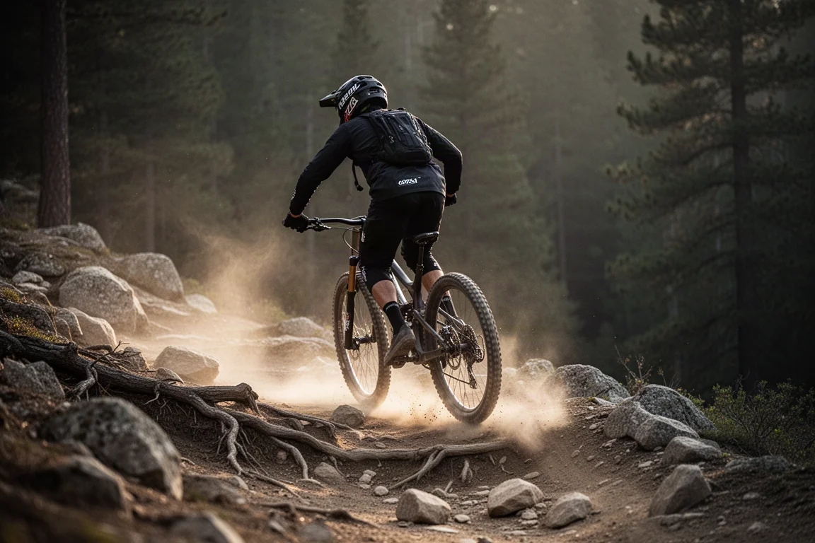 Mountain biker in discesa su un ripido sentiero enduro roccioso nella luce polverosa del pomeriggio
