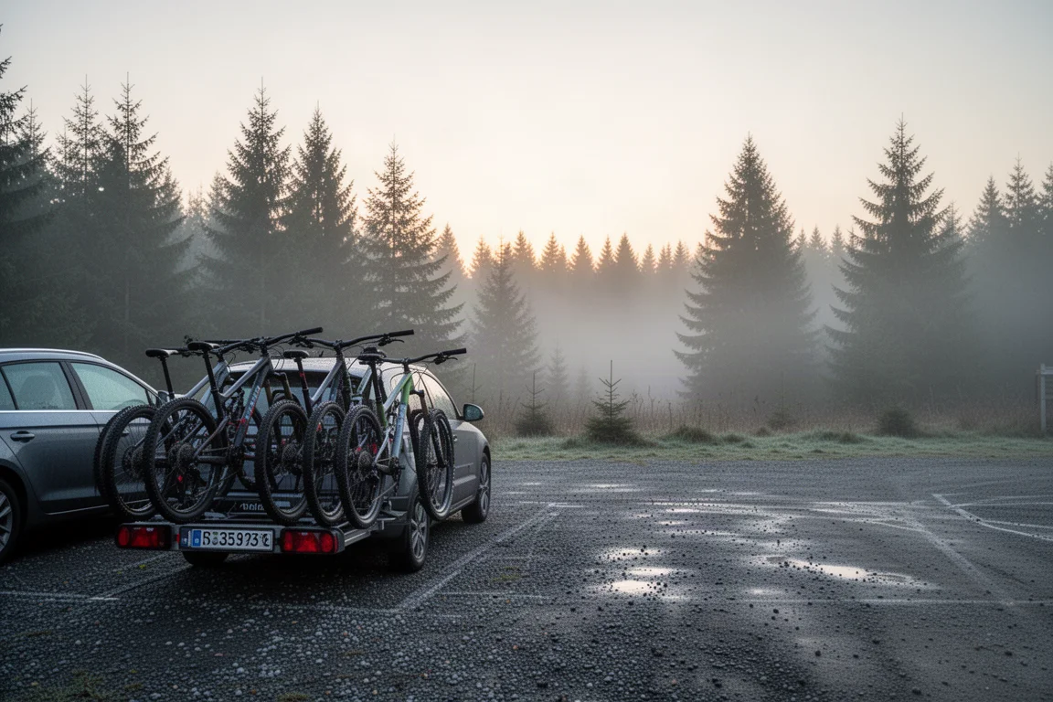 Mountain bike su un portabici da auto nel parcheggio di un trail centre nella nebbia del primo mattino