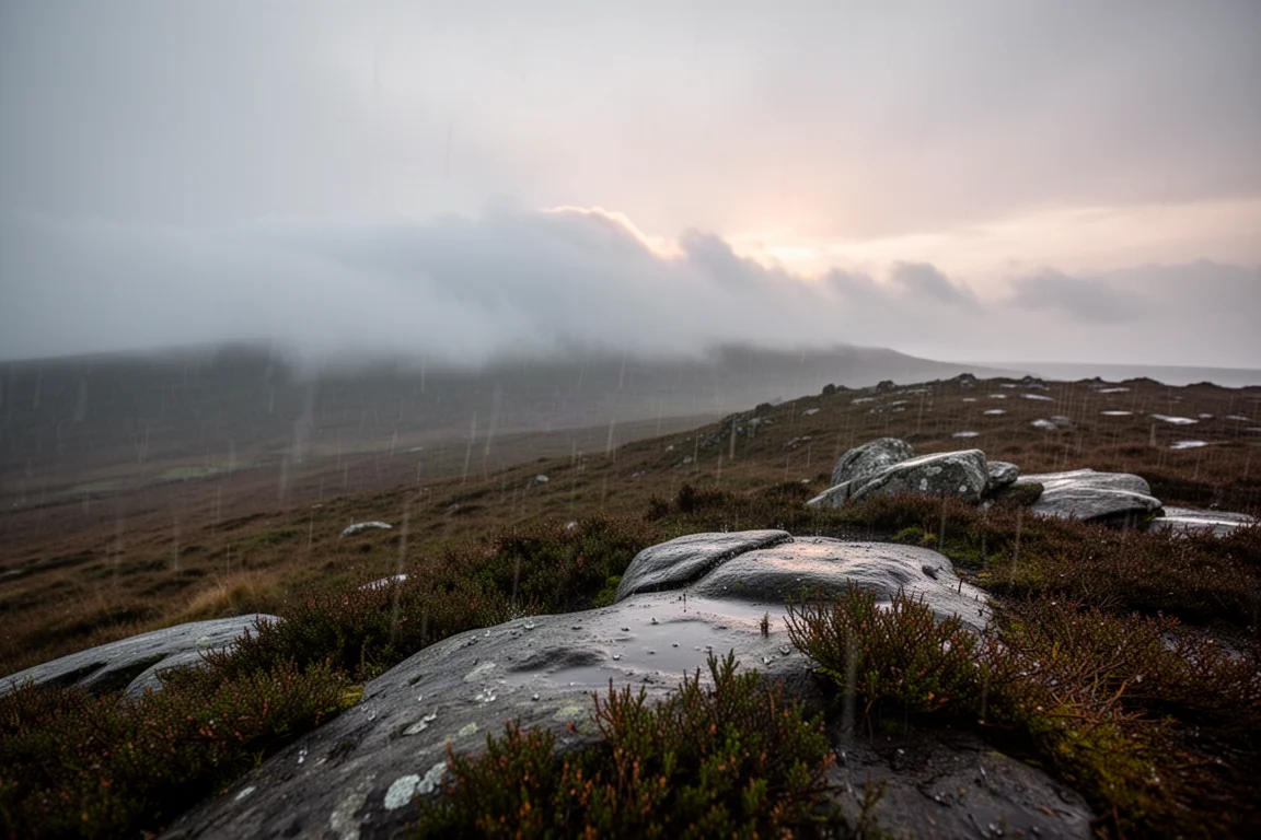 Regn som sveper över en exponerad hedrygg i skymningen med låga moln