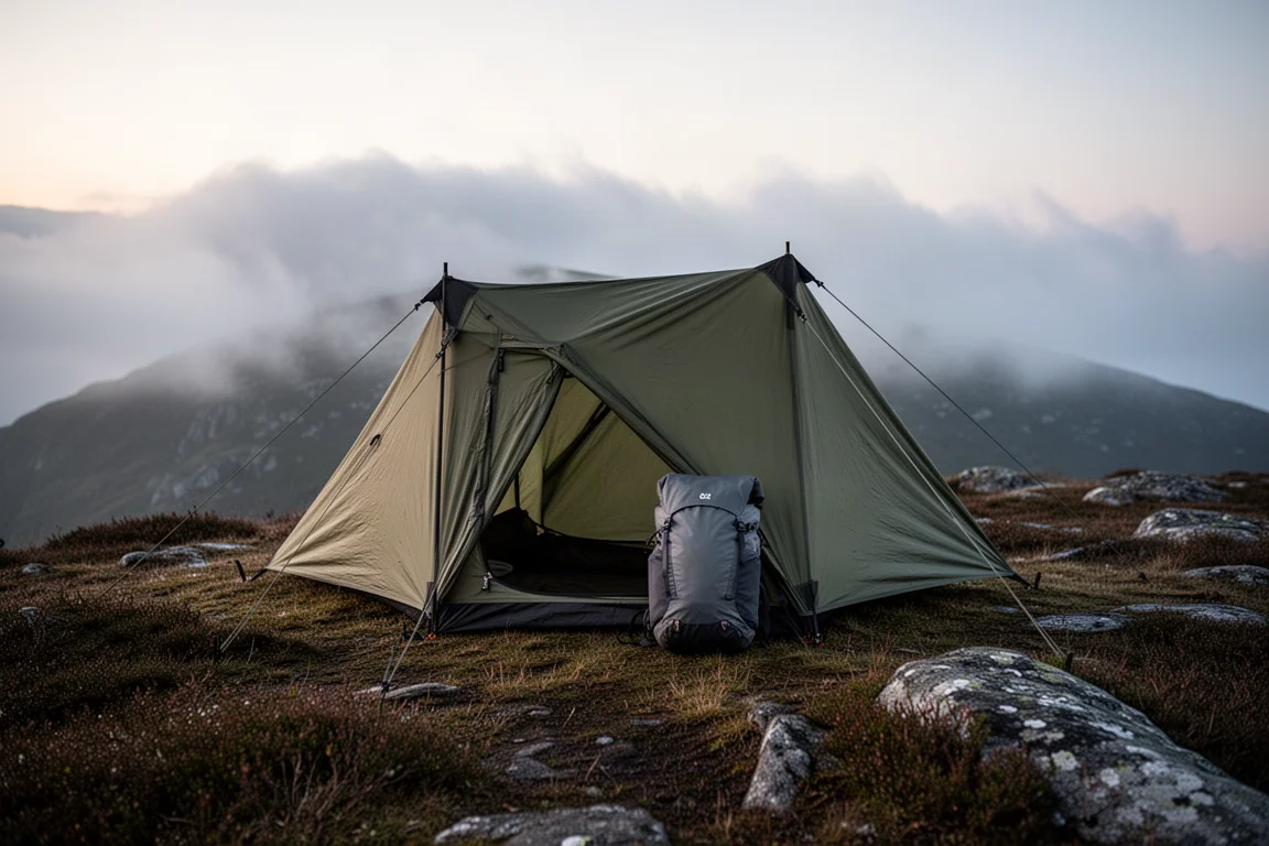 Olive mountaineering shelter and ultralight backpack on a misty upland ridge at dusk