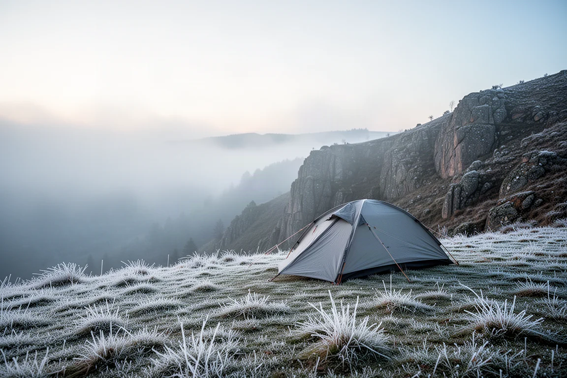 Acampamento coberto de geada ao amanhecer com uma barraca baixa sob uma crista rochosa