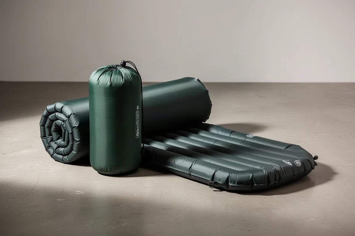 Rolled synthetic sleeping mat in a stuff sack beside a partially inflated sleeping mat on concrete