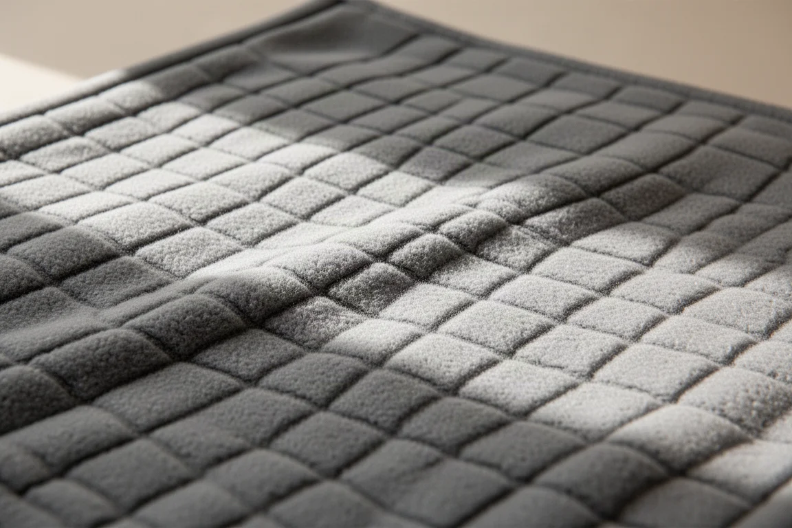 Primo piano estremo della fodera in grid fleece con piccoli quadrati in rilievo in luce radente