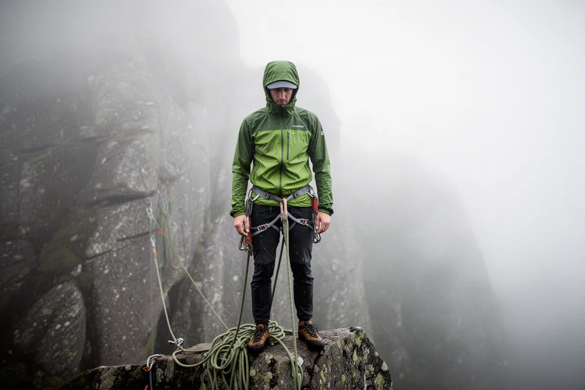 Climber su una cengia di sosta con pioggerella, corda, imbragatura e nebbia sullo sfondo