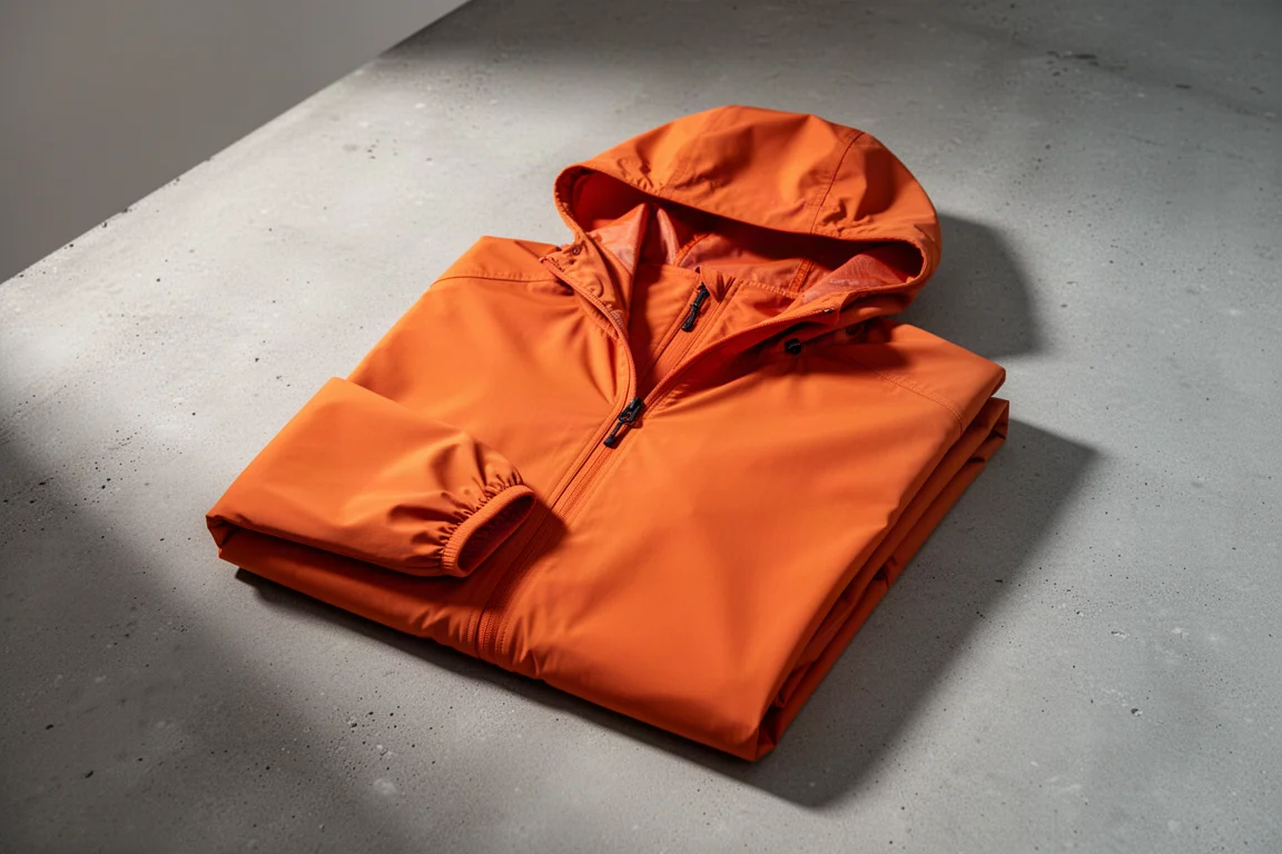 Lightweight orange hooded midlayer jacket folded on a matte concrete surface