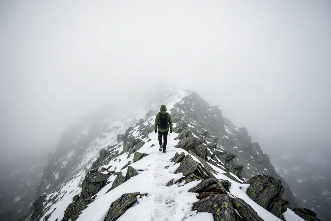 Allein kletternde Person auf einem schneebedeckten Grat im grauen Nebel, bekleidet mit einer Hardshell mit Kapuze
