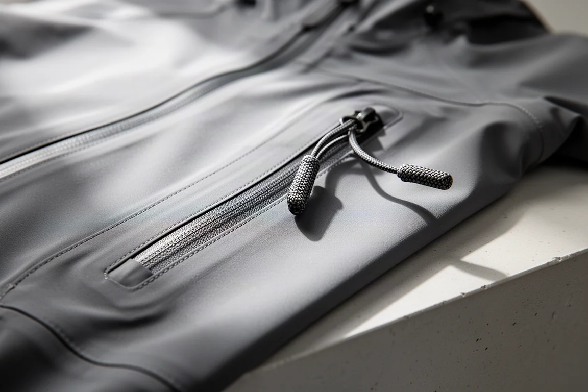 Nahaufnahme eines Brusttaschen-Reißverschlusses einer Hardshell-Jacke, Kordelzug und versiegelte Naht